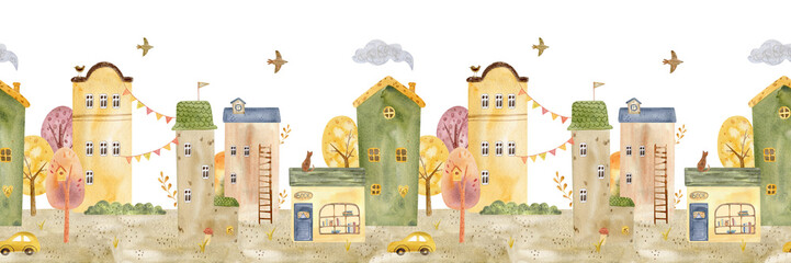 Cute watercolor city border pattern with cozy houses, bakery, trees, and cars. Whimsical kids illustration banner perfect for nursery decor, cards, wrapping paper, and urban autumn designs. © Anna