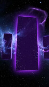 Alien monoliths float deep space with glowing purple cosmic mist and futuristic energy swirling, creating mysterious cosmic atmosphere and space aura