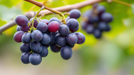 Fototapeta premium Macro shot of glistening grapes on the vine in vineyard setting