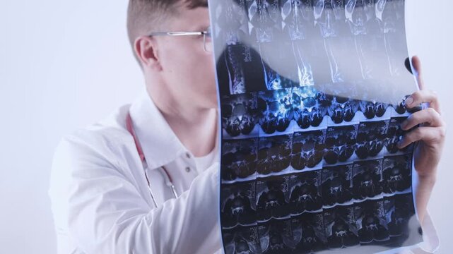 Doctor neurosurgeon looking mri scan of spinal column showing disc protrusion, Cause of pinched sciatic nerve in leg buttock.