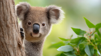 Obraz premium Injured koala clinging to tree with bandaged paw amid lush foliage