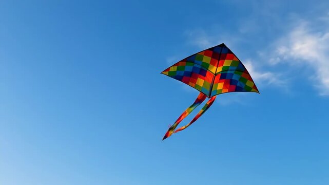 Colorful Kite Flying in Blue Sky - A vibrant, checkered kite soars high against a bright blue sky dotted with fluffy white clouds. The kite's rainbow-colored tail streamers dance in the gentle breeze.