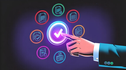 Fototapeta premium Digital Verification at Fingertips: A high-tech digital interface showcases a hand tapping on a glowing checkmark, surrounded by icons signifying documents and verification processes.