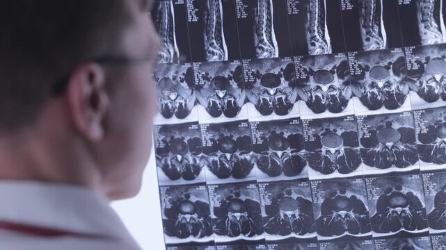 Caucasian male doctor neurosurgeon looking mri scan of spinal column showing disc protrusion, Cause of pinched sciatic nerve in leg buttock.