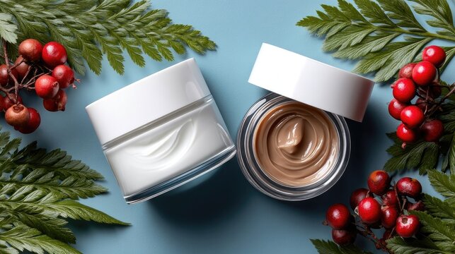 Two cream containers surrounded by evergreen branches and red berries create a cozy winter ambiance perfect for skincare