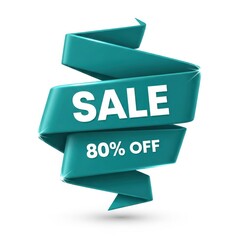 A turquoise ribbon banner with the words sale 80 off isolated on white background perfect for promoting discounts and special offers in a stylish way