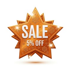 A festive golden star isolated on white background, adorned with snowflakes, announces a 5 off sale, ideal for holiday promotions and attracting customers with special offers