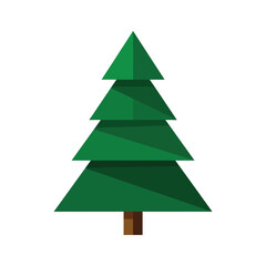 Simple geometric green Christmas tree with a brown trunk and a long shadow isolated on a white background