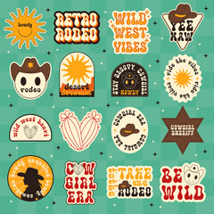 Set of Retro Rodeo Stickers. Vector Design Elements. Collection of Cowgirll. Wild West, Western Themed, Groovy.