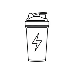 Simple line drawing of a protein shaker bottle with a lightning bolt symbol representing energy and fitness