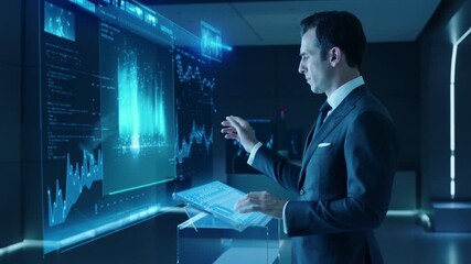 Businessman interacts with futuristic holographic financial data display technology future. - Powered by Adobe
