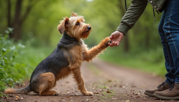 Dog gives paw to person outdoor. Person and dog interact during training or friendship. Pet is obedient shows trust in human friend. Scene unfolds in a park setting.