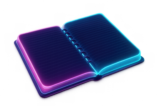 Glowing open notebook with neon purple and blue lights, representing futuristic journaling and digital literacy concepts