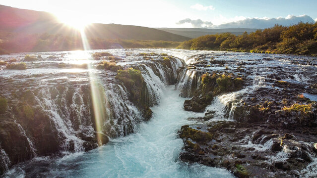 Drone Aerial Overview Brúarfoss Waterfall and River in Iceland