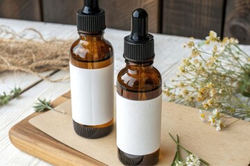 Two amber glass bottles with blank labels on wooden board with dried flowers, perfect for showcasing natural beauty products and essential oils, creating a rustic and organic atmosphere