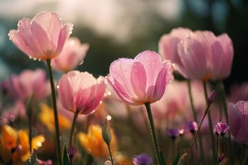 Naklejka premium Colorful Tulips in Bloom With Morning Dew Glistening Under Soft Sunlight