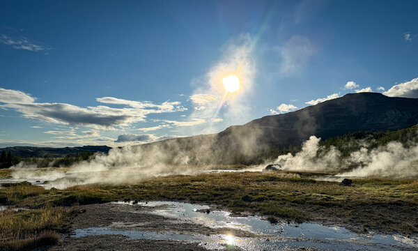 Steaming Geothermal Hot Springs Near Geysir Iceland