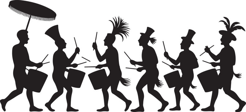 Black silhouette of a marching band with drums and feathered headdresses parade drummers