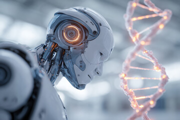 Fototapeta premium Futuristic humanoid robot examining glowing DNA strand with double helix. Concept of artificial intelligence, biotechnology and genetic engineering