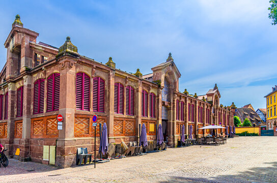 Covered market March&eacute; couvert French Neo-Baroque architecture style building in The Fishmonger&rsquo;s district old town Colmar city historic centre, Alsace Grand Est region, France