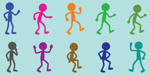Colorful stickman characters walking, running, and dancing with playful cartoon expressions representing movement, energy, and creativity