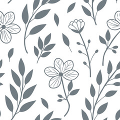 Seamless floral pattern with simple blossoms and leaves on a white background. Elegant botanical wallpaper for fabric, wrapping paper, and home  Modern nature design for textile prints.