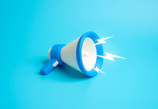 A megaphone spews lightning bolts of sound. A concept for universal notification of news and events. Communication, media influence, and advertising power in the digital information age. - Powered by Adobe