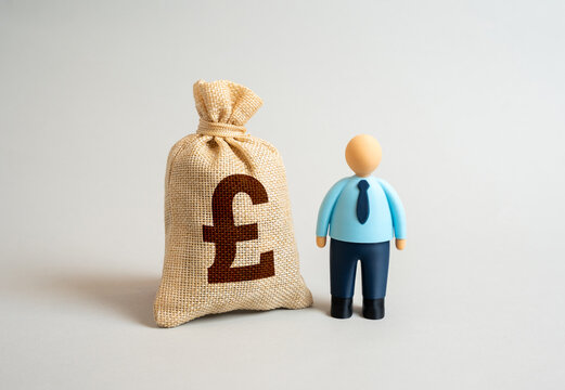 An office worker and the British pound symbol on a money bag. Savings and income stability. Financial independence, wage growth, and the prosperity of working individuals. - Powered by Adobe