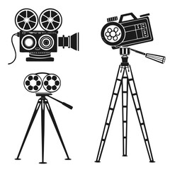 Obraz premium Vector art of set of retro movie cameras on tripods, vintage cinema equipment