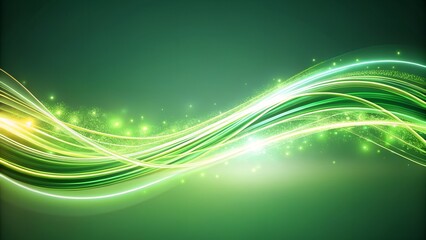 Abstract flowing green and yellow light trails with sparkling particles, dynamic wave of energy and illumination on a dark background, representing nature and technology fusion