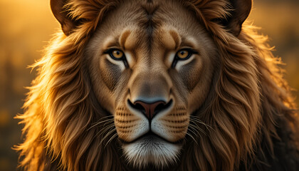 Naklejka premium Majestic lion's intense gaze captures raw power and untamed spirit in golden hour light