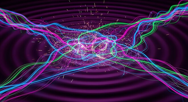 Abstract colorful lines with sparks on a purple ripple background