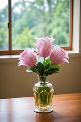 Fototapeta premium Pink Rose Bouquet in Crystal Vase by Window Natural Light Interior