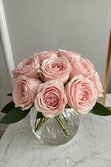 Pink Rose Bouquet in Crystal Vase by Window Natural Light Interior