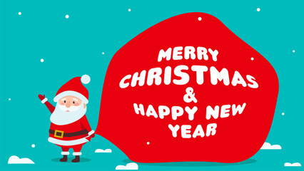 On a green background, Santa Claus appears with a large red bag. The text of Merry Christmas and New Year appears on the bag.