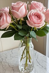 Pink Rose Bouquet in Crystal Vase by Window Natural Light Interior
