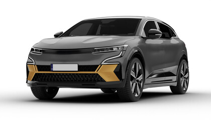 Transparent background, a gray colored modern electric suv car at a front left angle, showcasing its aerodynamic lines and modern styling in a high-quality 3D render.