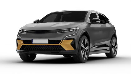 Transparent background, a gray colored modern electric suv car at a front left angle, showcasing its aerodynamic lines and modern styling in a high-quality 3D render.