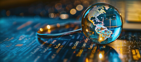 Global Network: A clear glass globe sits atop a circuit board, a ring encircling it, depicting the intricate web of global connection, technology, and communication that defines our modern world.