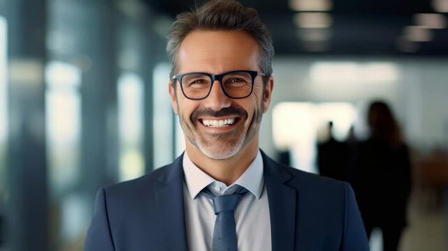 Confident businessman smiling in modern office setting during a typical workday