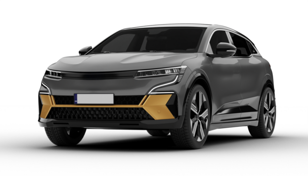 Transparent background, a gray colored modern electric suv car at a front left angle, showcasing its aerodynamic lines and modern styling in a high-quality 3D render.