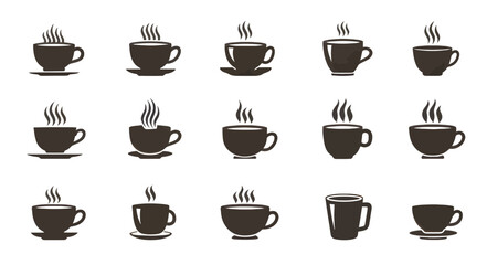 Collection of dark brown coffee cup icons with steam