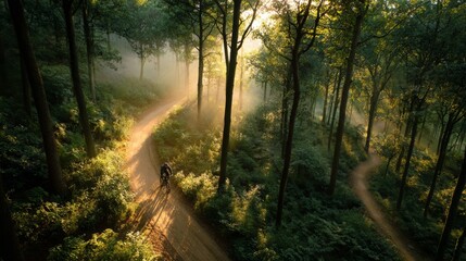 Fototapeta premium Cyclist riding on forest trail, morning sunlight streaming through tall trees
