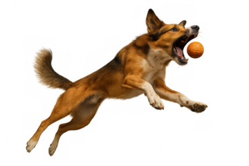 Energetic dog catching orange ball mid-air with mouth open, active pet jumping on transparent background