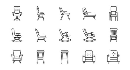 Collection of diverse chair and stool icons in a simple line art style