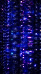 LED display screen with blue and purple illuminated pixels abstract pattern