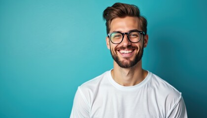 Obraz premium Young man with beard and glasses smiles. He wears white t-shirt. Man has brown hair. He stands against bright blue background. Portrait of happy male with cheerful expression.