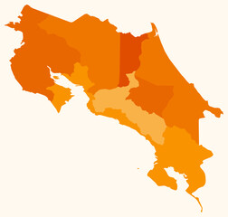 Map of Costa Rica with regions. Just a simple country border map with region division. Orange color palette. Plain Republic of Costa Rica shape with administrative division. Vector illustration.