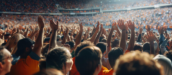 Fototapeta premium Stadium Euphoria: A sea of fans celebrates a momentous event, hands raised in unified elation amidst the energy of a vibrant stadium. Capturing the collective excitement, passion.