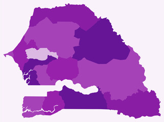 Map of Senegal with regions. Just a simple country border map with region division. Purple color palette. Blank Senegal shape with administrative division. Vector illustration.